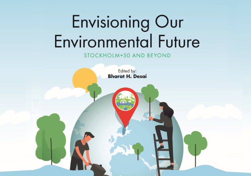Envisioning Our Environmental Future book cover visual with an illustration of the world with people tending to it