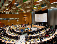 UN Trusteeship Council in session with delegates in a spherical seating layout