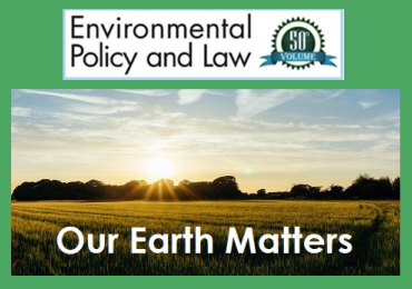 "Our Earth Matters" on a countryside sunrise visual with the Environmental Policy and Law logo