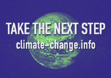 Blue banner with an Earth visual and a call to take the next step to climate-change.info