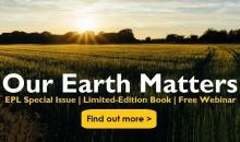 sunrise over a country field with Our Earth Matters text and button